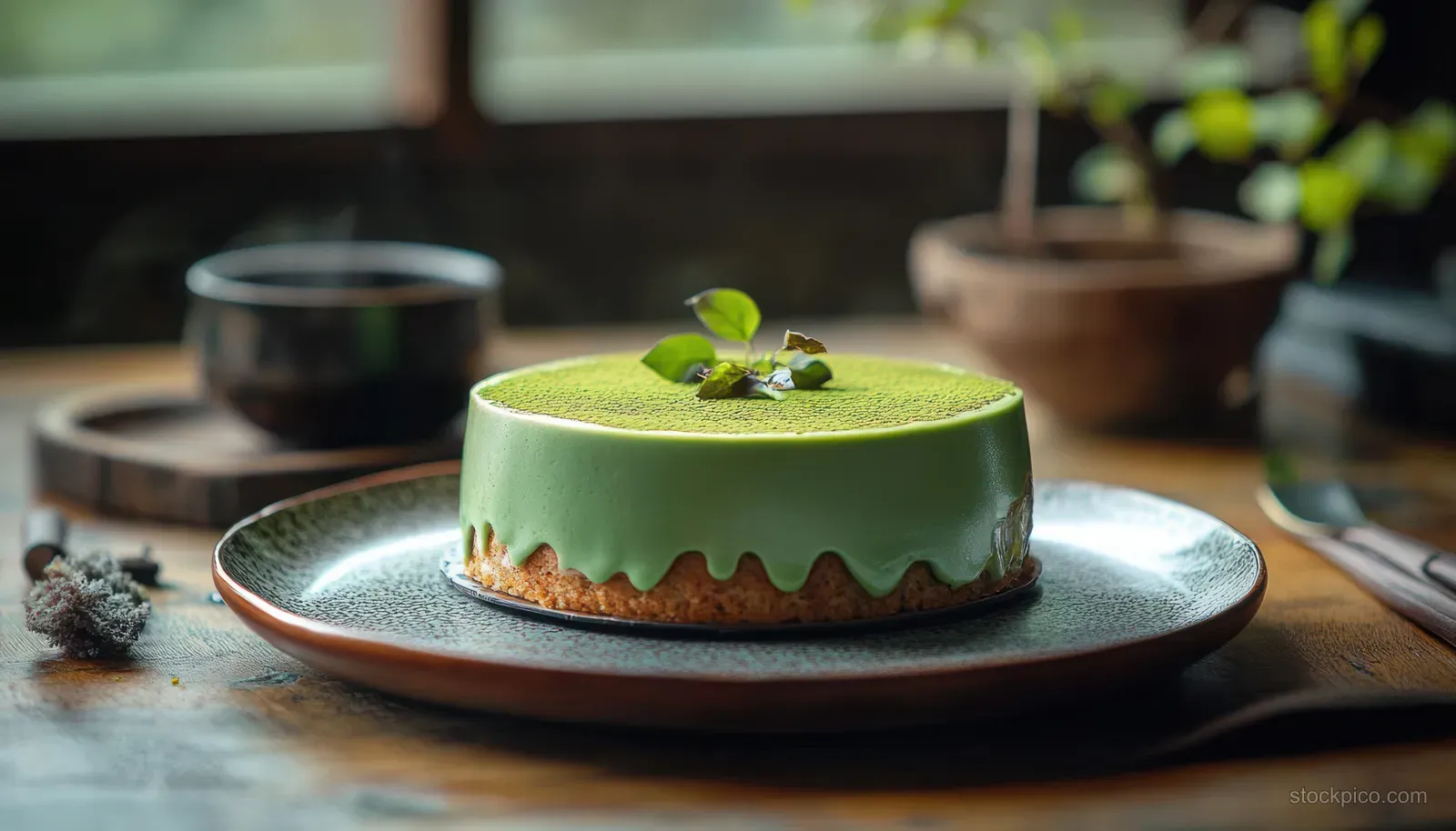 Green mousse cake with crumb base and leaf garnish on a ceramic plate over a wooden table in natural light.