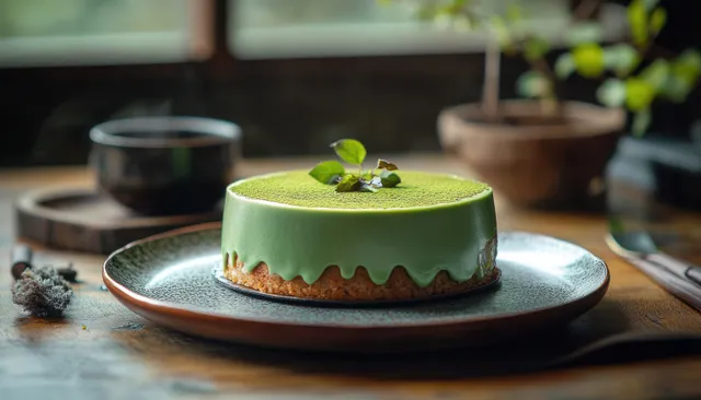 Green mousse cake with crumb base and leaf garnish on a ceramic plate over a wooden table in natural light.