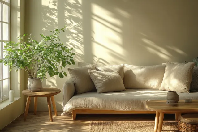 Sunlight streams through windows onto a gray sofa and nearby wooden side table with a potted plant.