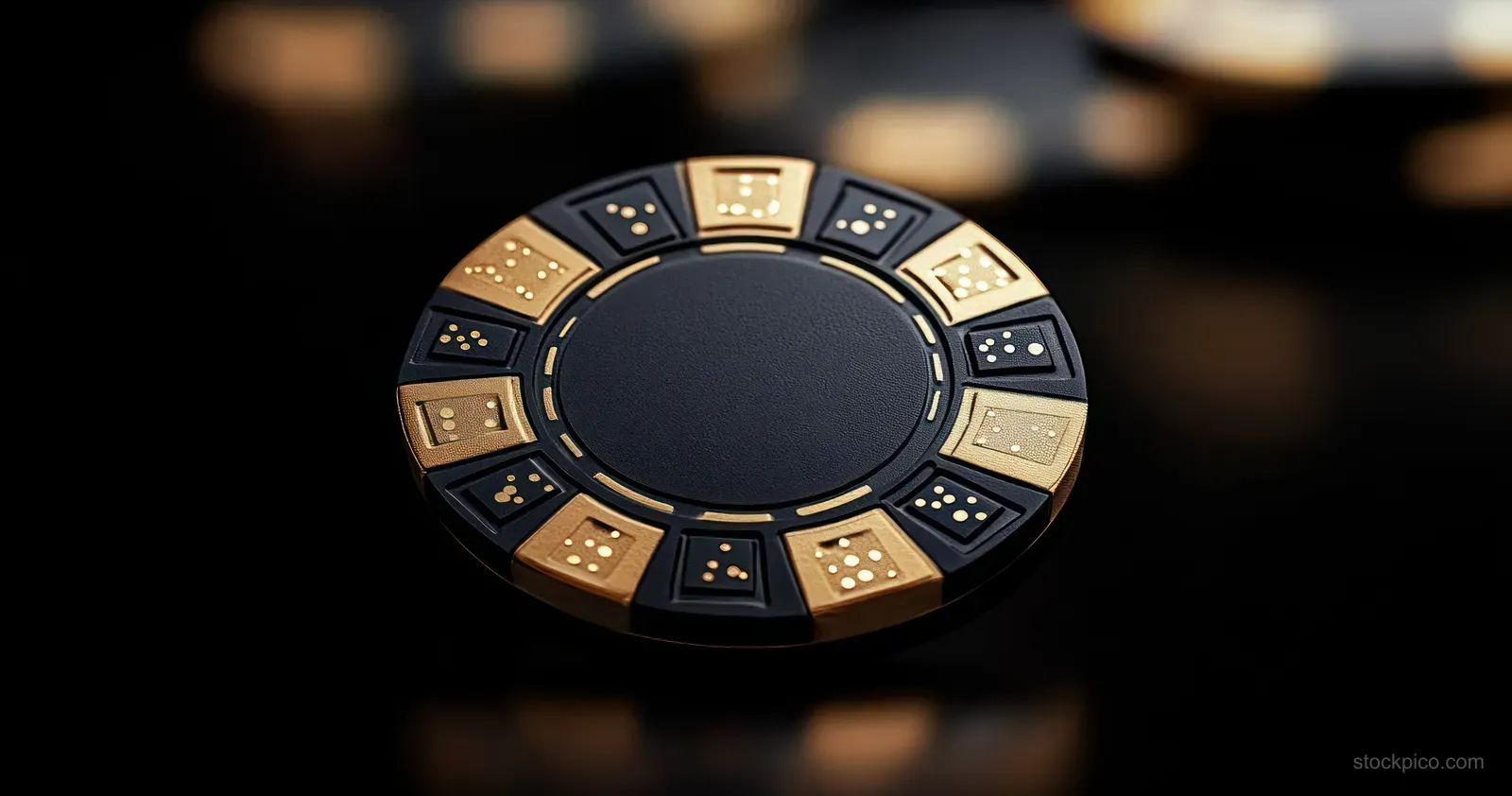Gold and black poker chip ring centered on a dark background with blurred casino lights.