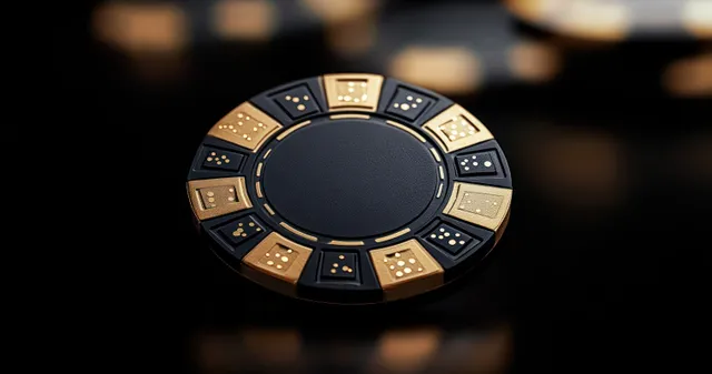 Gold and black poker chip ring centered on dark blurred casino table
