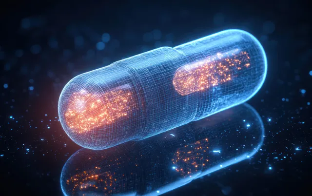 Two glowing futuristic capsules with wireframe panels float under blue laboratory lighting with sparkling particle effects.