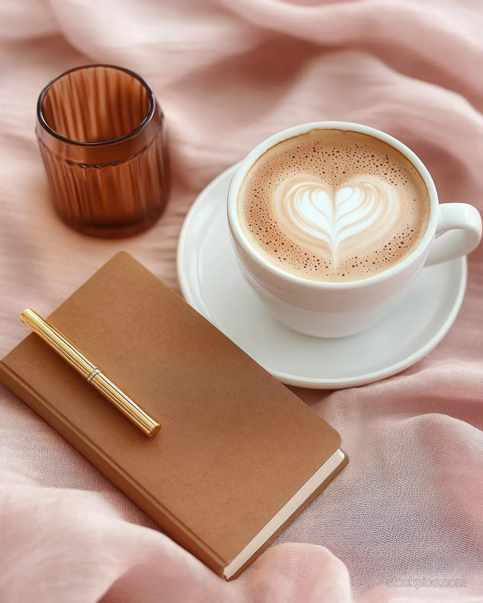 White cappuccino cup with heart latte art on a saucer beside a brown notebook, golden pen, and amber glass on pink fabric.