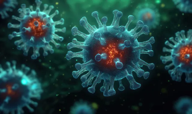 Multiple microscopic virus particles float in a teal glowing background with soft blur and depth.