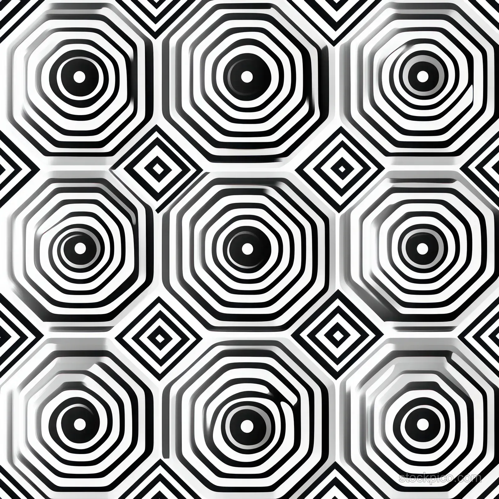 Seamless black and white geometric tile pattern with concentric octagon frames and circular target motifs.