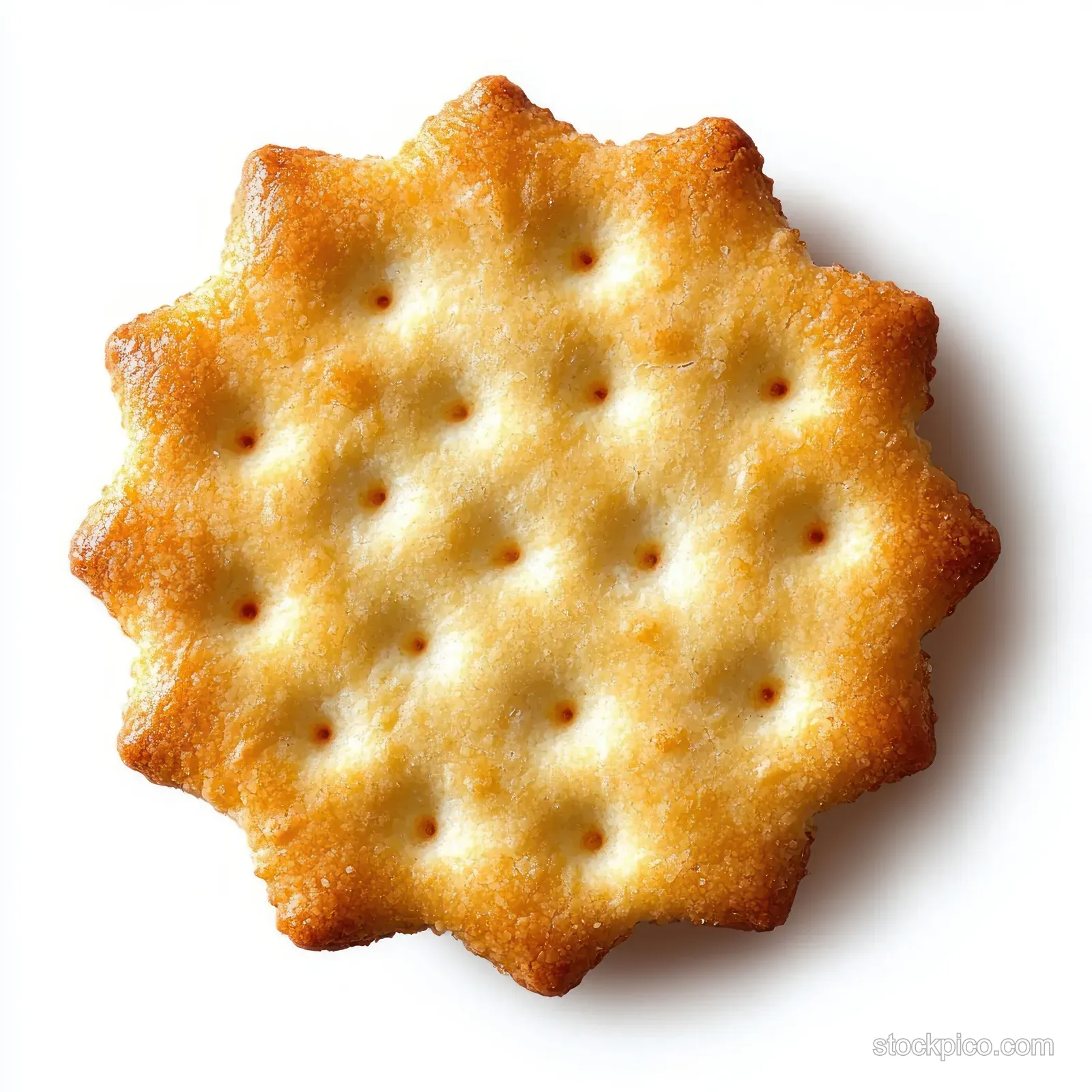A golden brown, star-shaped cracker with scalloped edges and holes is displayed against a clean white background.