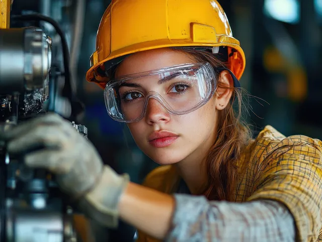 A young female engineer wearing a yellow hard hat and safety goggles inspects industrial machinery in a factory.