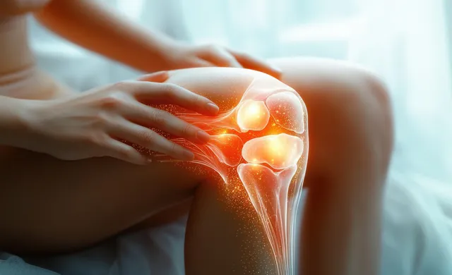 Close-up of hand holding painful knee with glowing joint inflammation overlay
