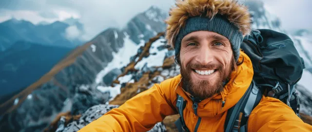 Smiling hiker taking a selfie at a mountain summit with snowy peaks and misty valley behind him.