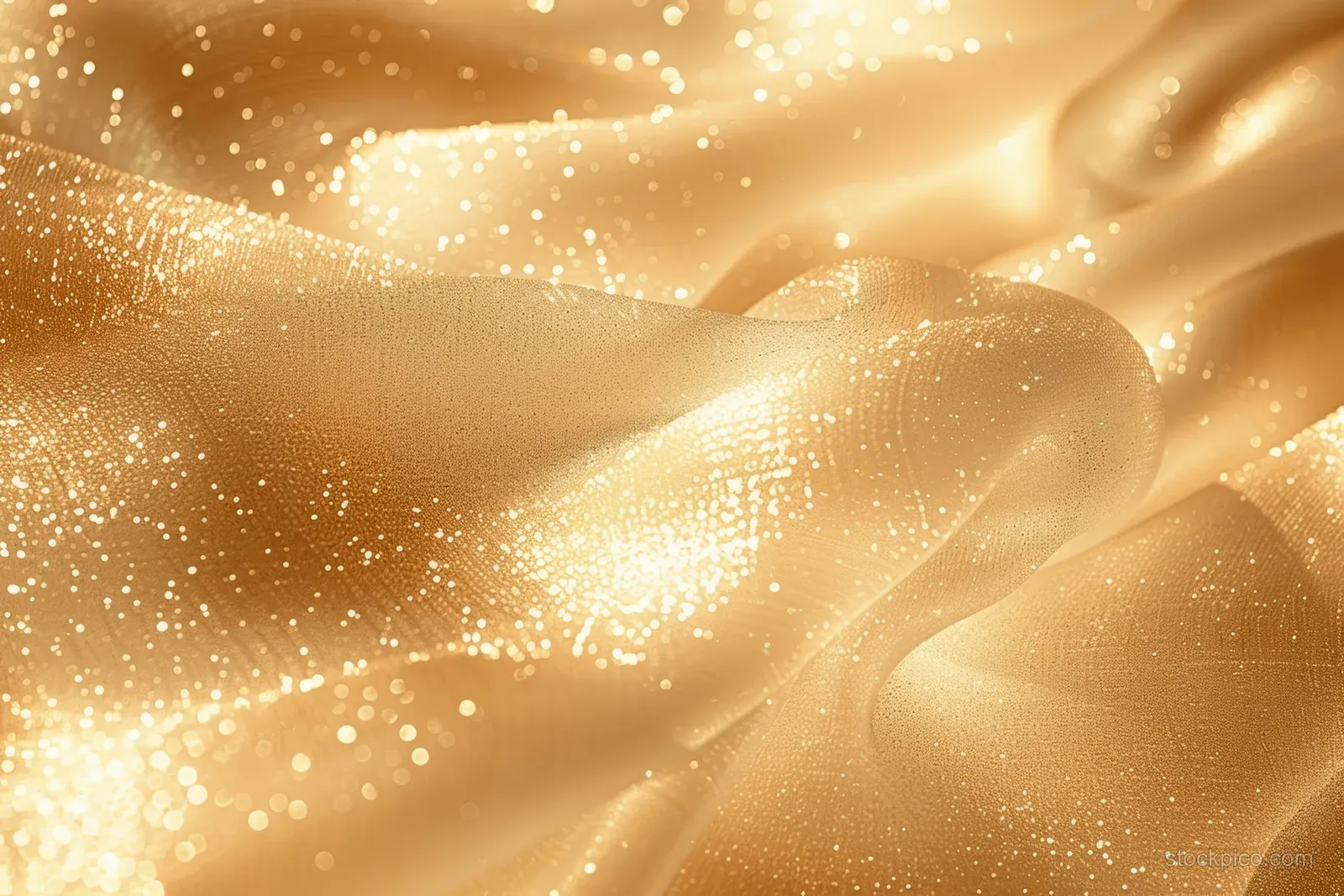 Golden glitter particles sparkle over flowing beige watercolor wave textures in an abstract background.