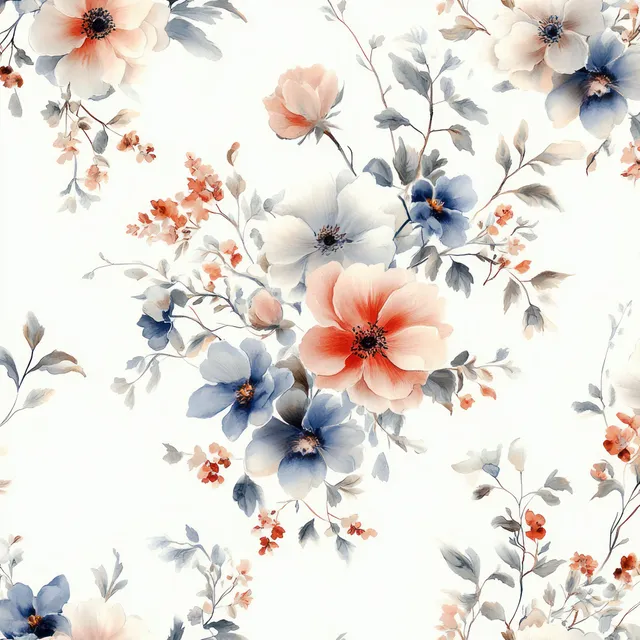 无缝水彩花卉图案，包含粉彩蓝、桃色和珊瑚色花朵，并点缀浅色叶片元素。