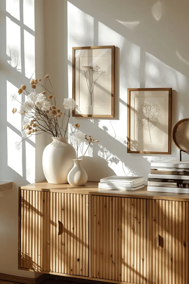 Scandinavian wooden sideboard with empty frames in bright living room sunlight and soft shadows