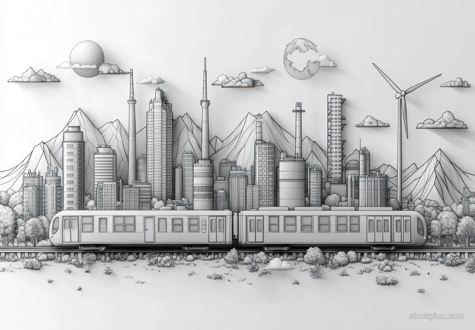 A black-and-white line drawing depicts an eco city with factories, wind turbines, clouds, and a train in the foreground.