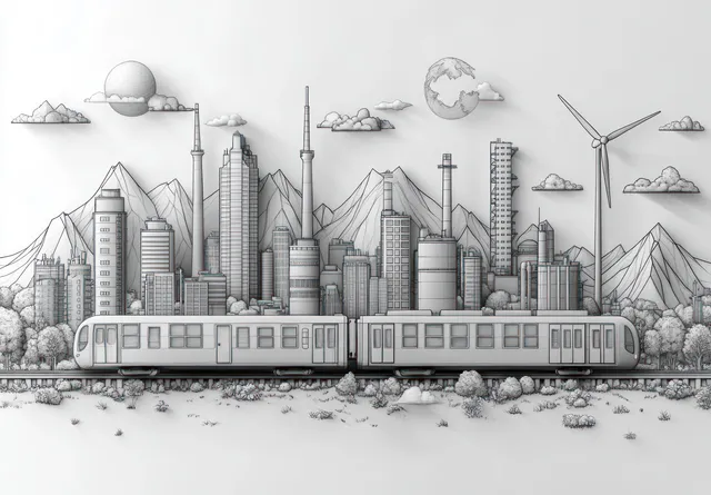 A black-and-white line drawing depicts an eco city with factories, wind turbines, clouds, and a train in the foreground.