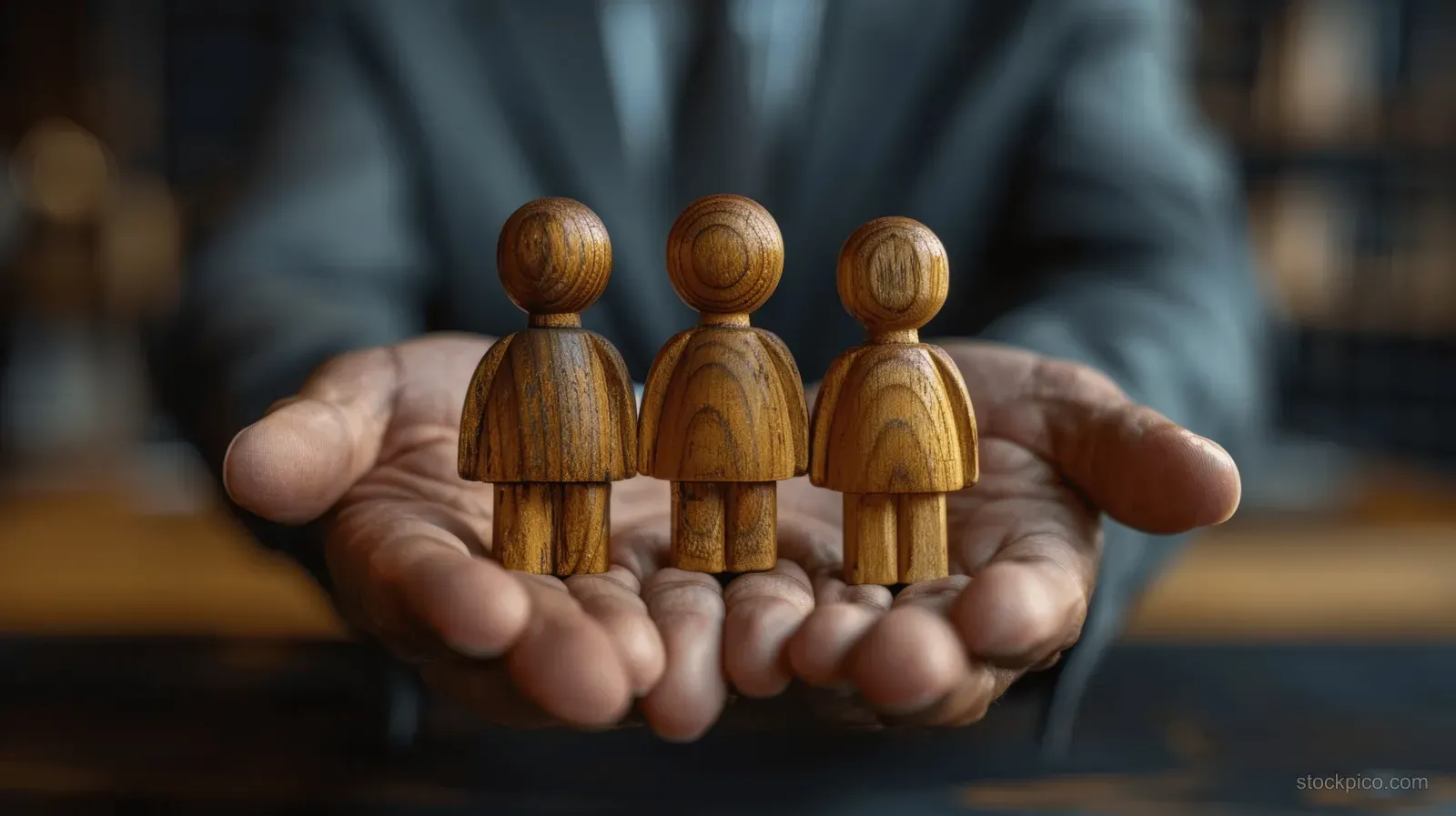 Hands hold several wooden people figures in a row, implying control and authority.