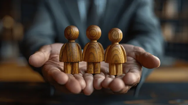 Hands holding a row of wooden people figures symbolizing workplace power control