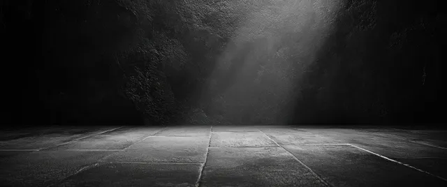 Empty dark room interior with textured black walls, stone tile floor, and a single overhead light beam creating shadows.