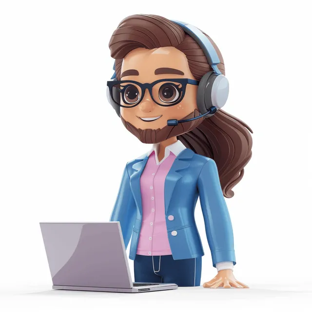 3D cartoon customer support operator wearing a headset and blue blazer works at a laptop on a white background.