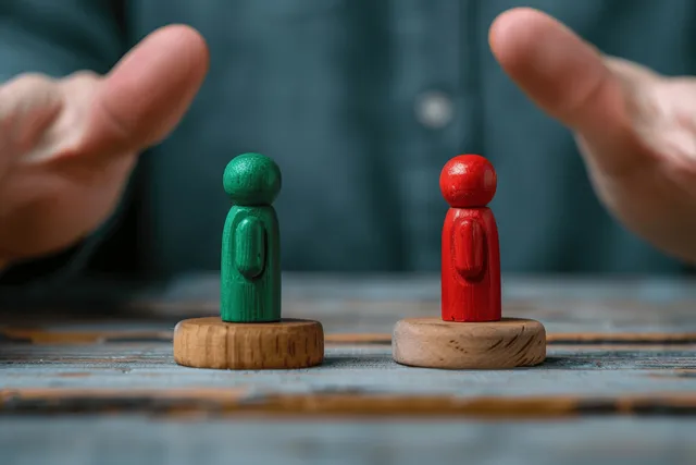 Two wooden figures in red and green face each other while hands block the conflict on a tabletop.