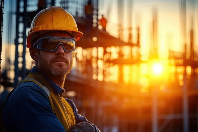 Helmeted construction worker silhouette stands at a building site as cranes and steel structures glow in sunset light.