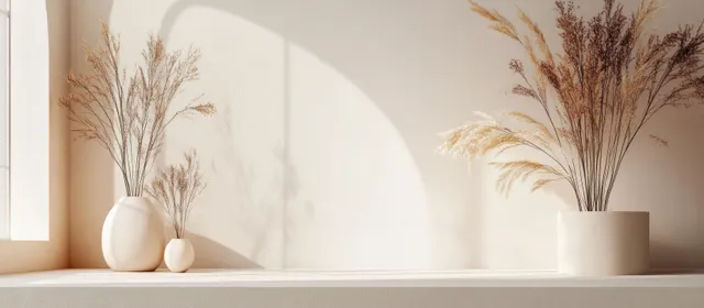 Beige geometric display platform in a sunlit room with dried pampas grass and soft shadows.