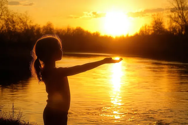Silhouette of a girl reaching toward the bright sunset over a calm river with trees along the shore.