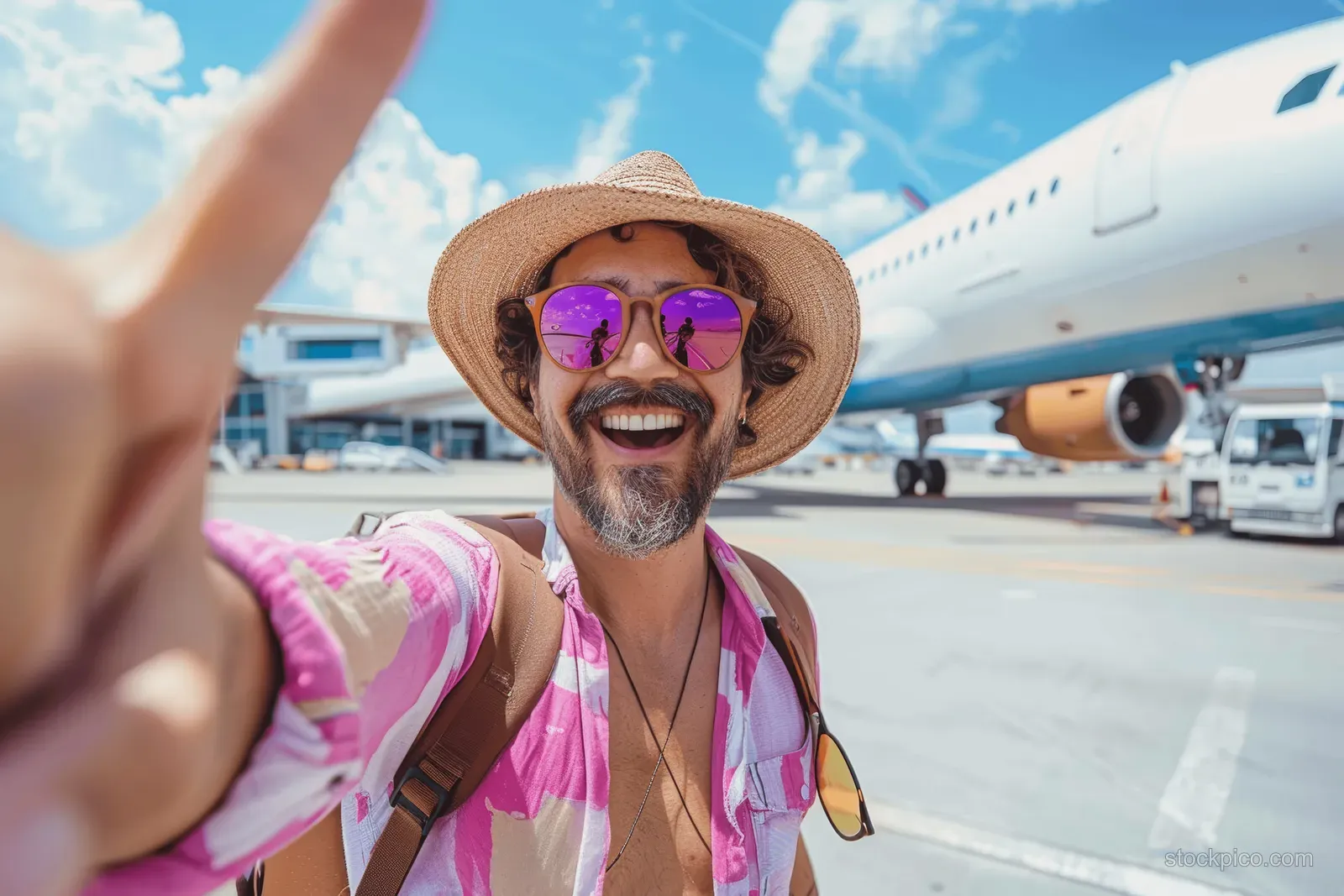 Smiling traveler in a straw hat takes a selfie in an airport terminal with a parked airplane behind.