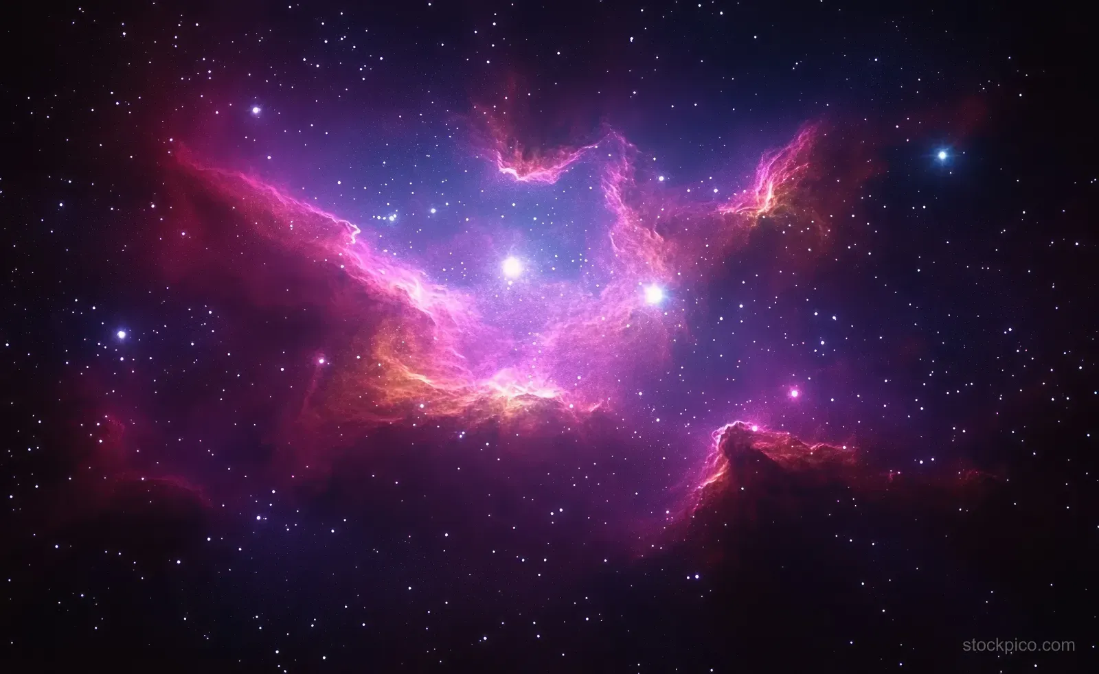 Purple nebula clouds glow through a dark star field with scattered points of light and cosmic dust.