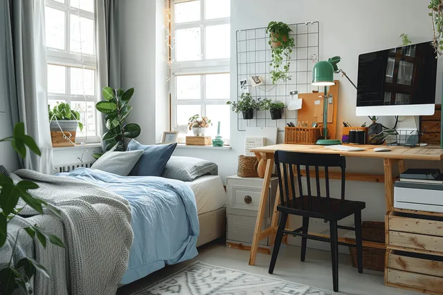 Minimalist bedroom workspace with blue bedding, green desk lamp, and large sunlit windows