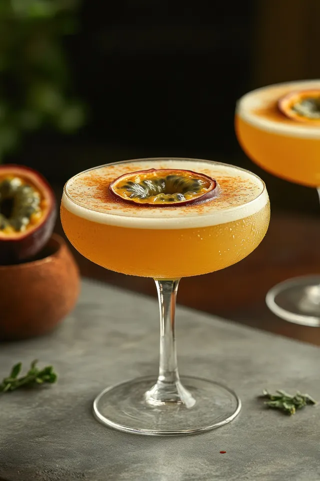 Elegant passion fruit cocktail in coupe glass with frothy crema and halved garnish