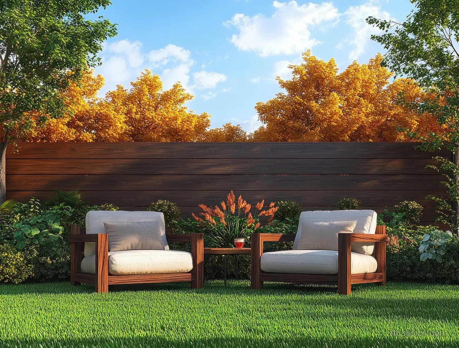 Two wooden armchairs on a green lawn in an autumn garden beside a leafy fence under bright sunlight.