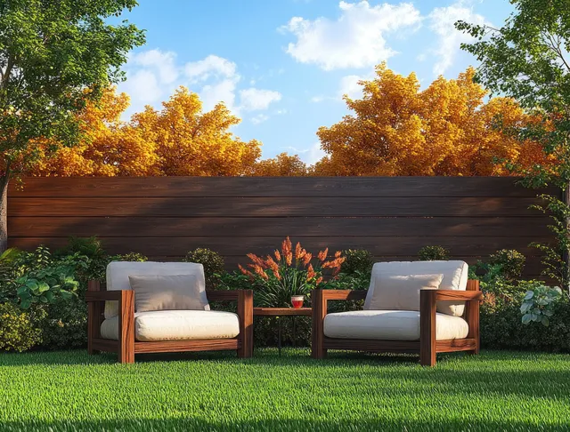 Autumn garden lounge with two wooden armchairs and leafy fence under warm sunlight
