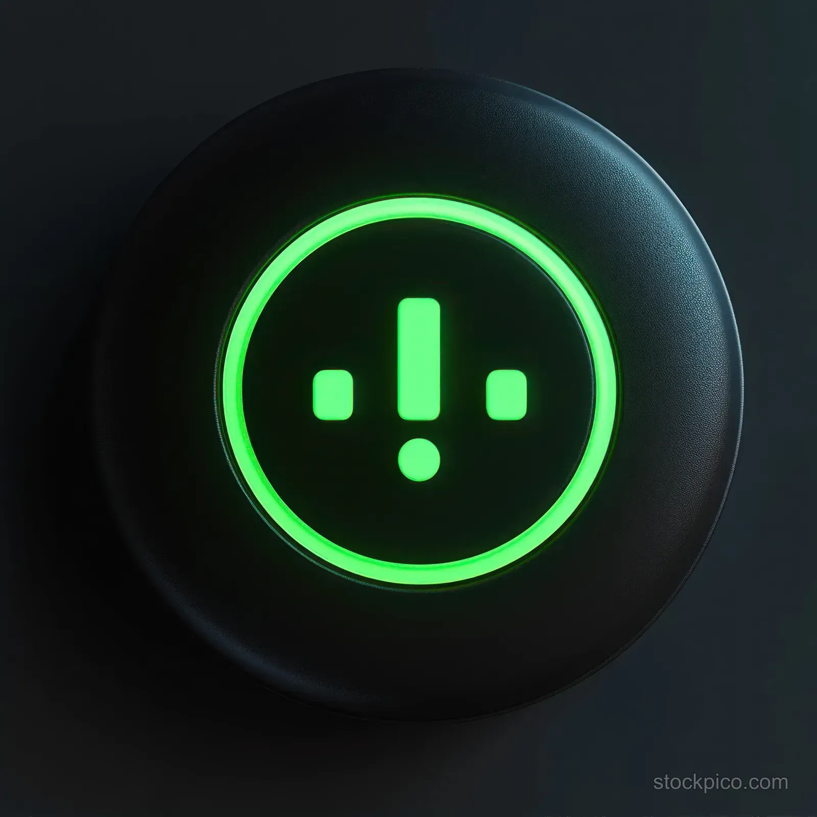 Black circular device with a neon-green exclamation icon glowing inside a bright ring on a dark background.