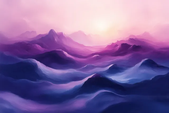 Abstract pastel mountains fade into layered ridges under a soft glowing horizon light.