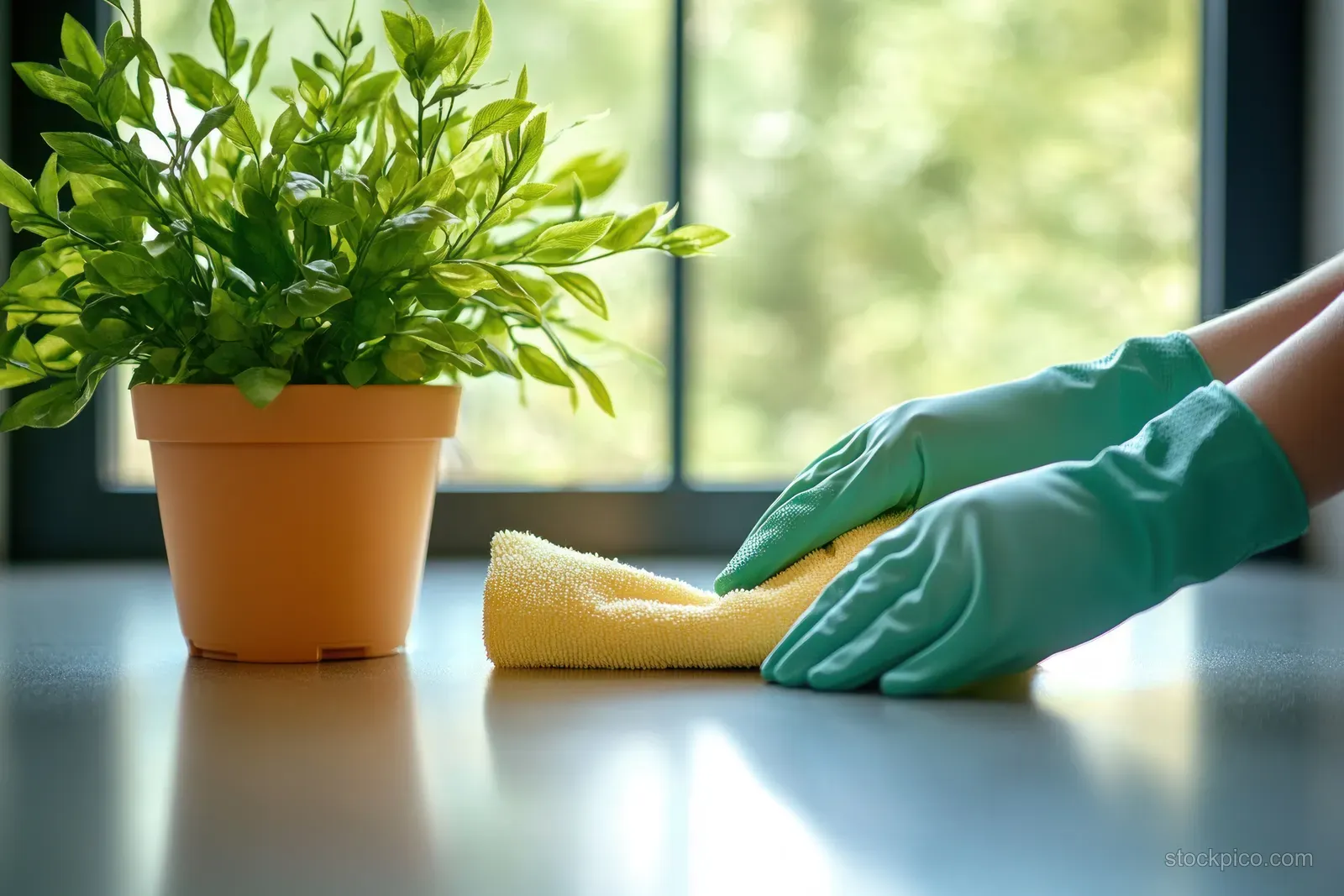 A cleaner in green gloves wipes a table with a yellow cloth, illuminated by natural light and accompanied by a potted plant.