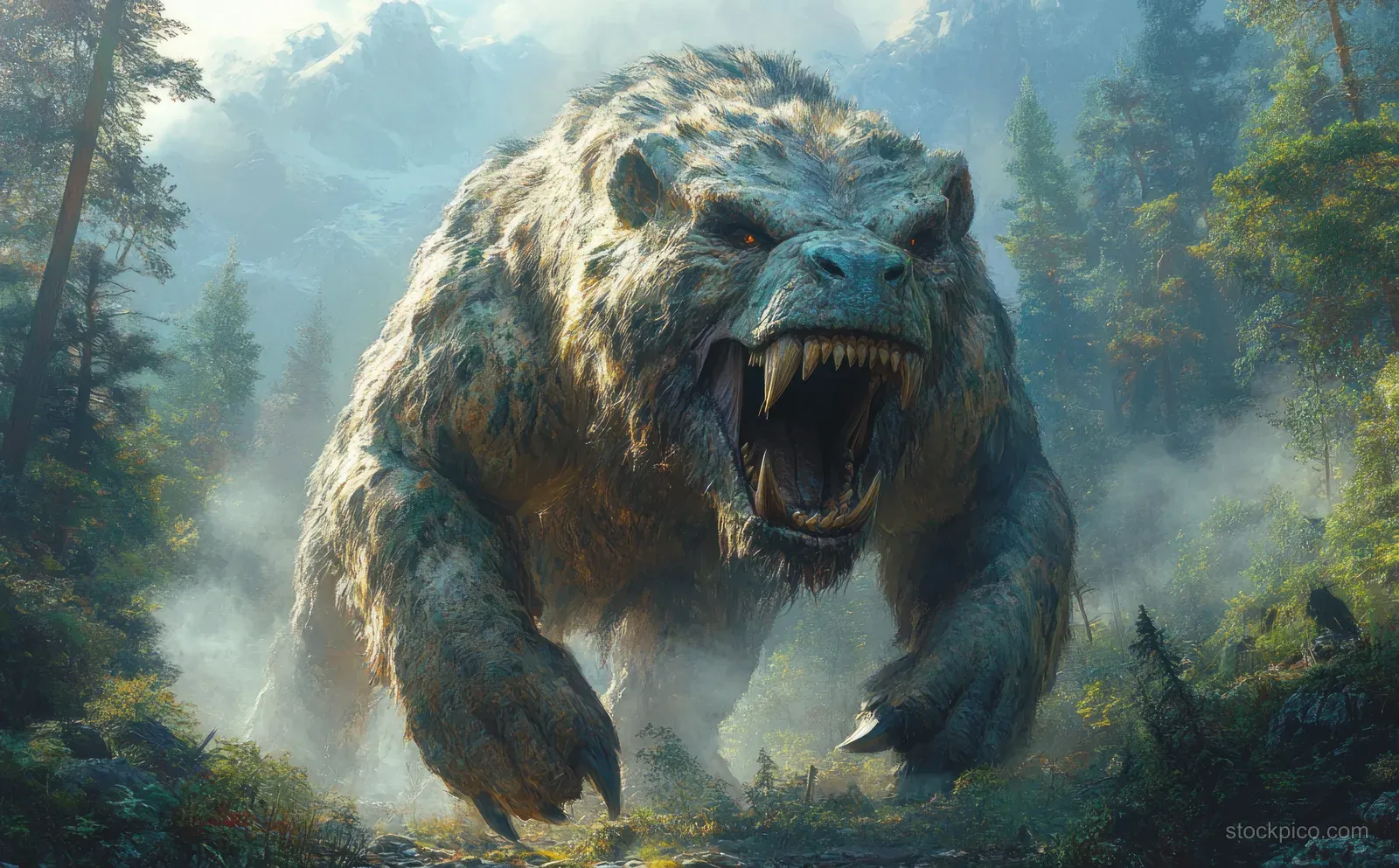 Entelodon roars while running toward the viewer through a misty ancient forest with ferns and pine trees.