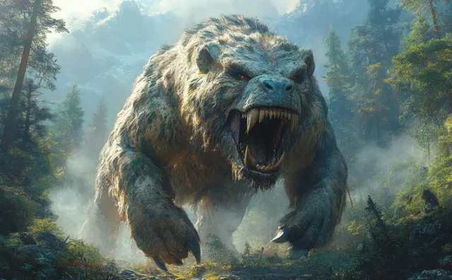 Entelodon roars while running toward the viewer through a misty ancient forest with ferns and pine trees.