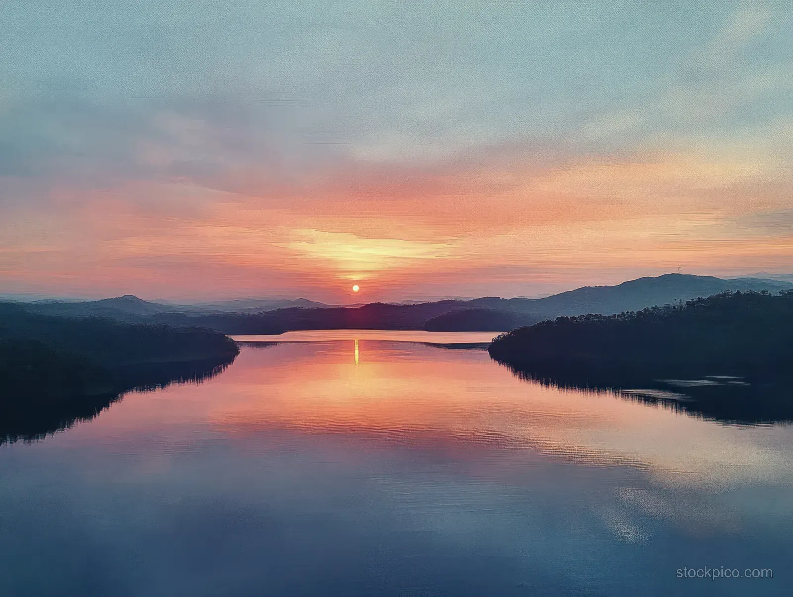 Aerial view of Sermo Lake at sunset with turquoise water reflecting dark hills and orange-pink sky.