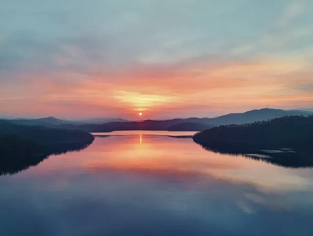 Aerial sunset view over Sermo Lake with turquoise reflection of surrounding hills