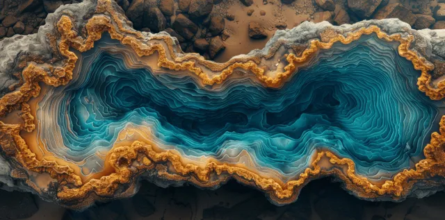 Turquoise epoxy river flowing through cracked wood grain slab, aerial top-down texture detail