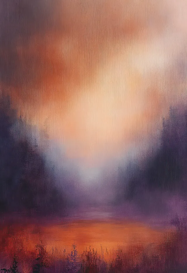 Serene abstract landscape with impressionist brushwork, warm colors, and soft, diffuse lighting creating an ethereal atmosphere.