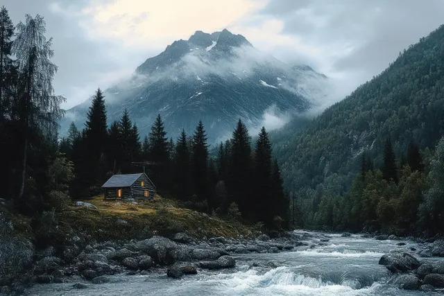 Warmly lit cabin sits by a rocky river in a pine forest with misty mountains under cloudy dusk light.