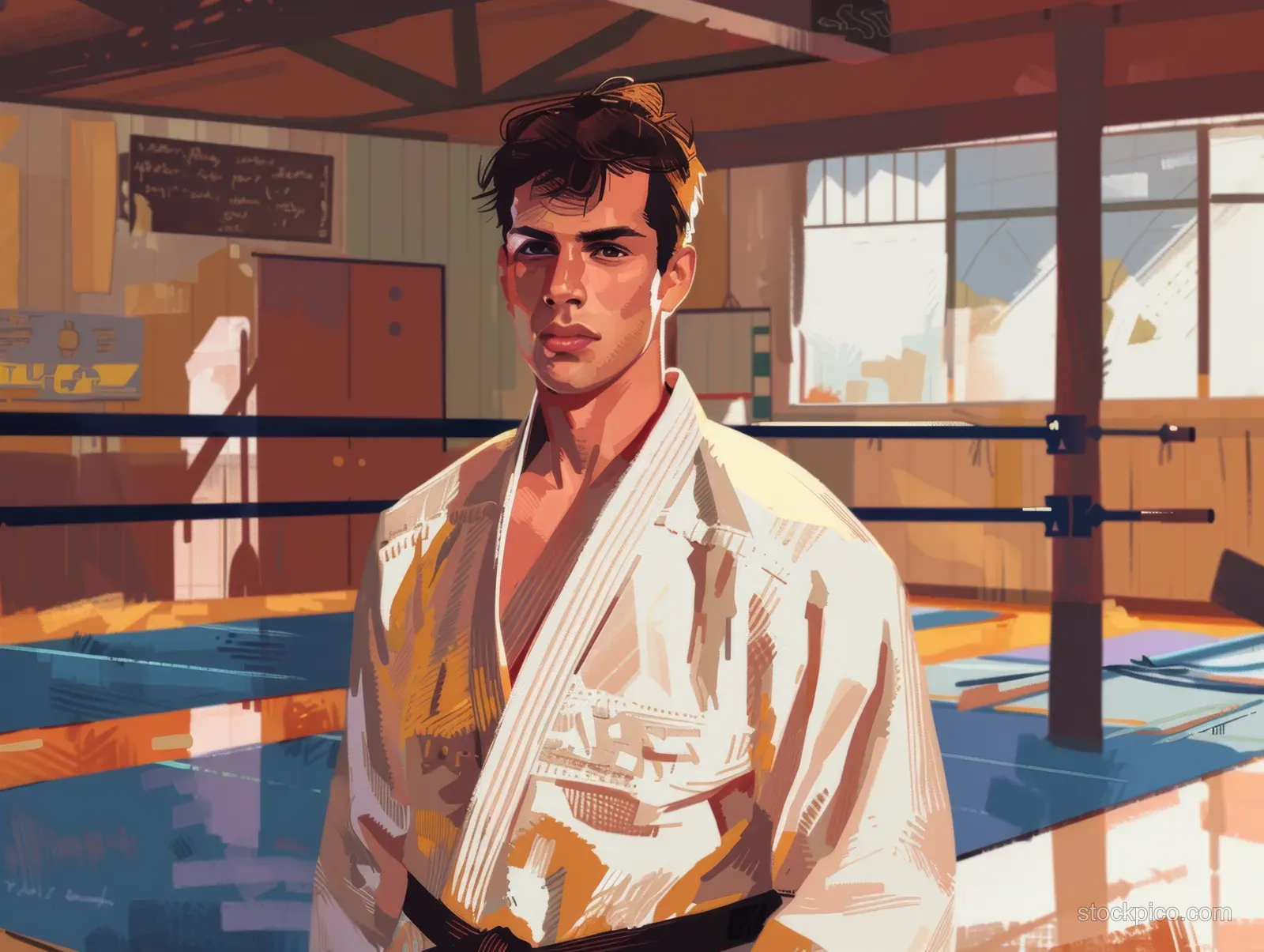A judoka in a white gi stands on a judo mat inside a gym, gripping his belt with sunlight streaming through windows.