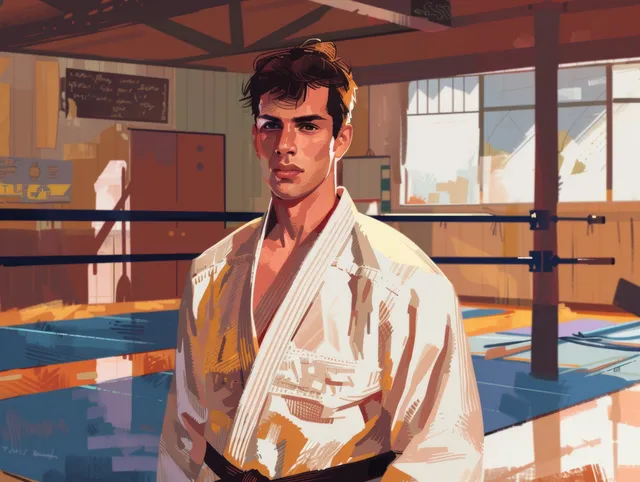 Judoka in gi stands on indoor judo mat, gripping belt, focused sunlight through windows