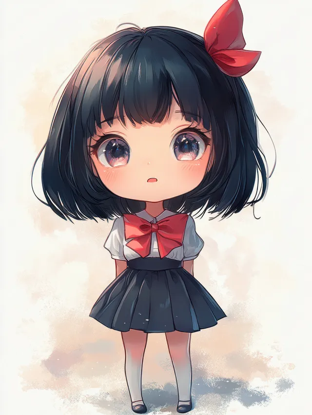 Chibi anime girl in a school uniform with a red bow and short dark hair.