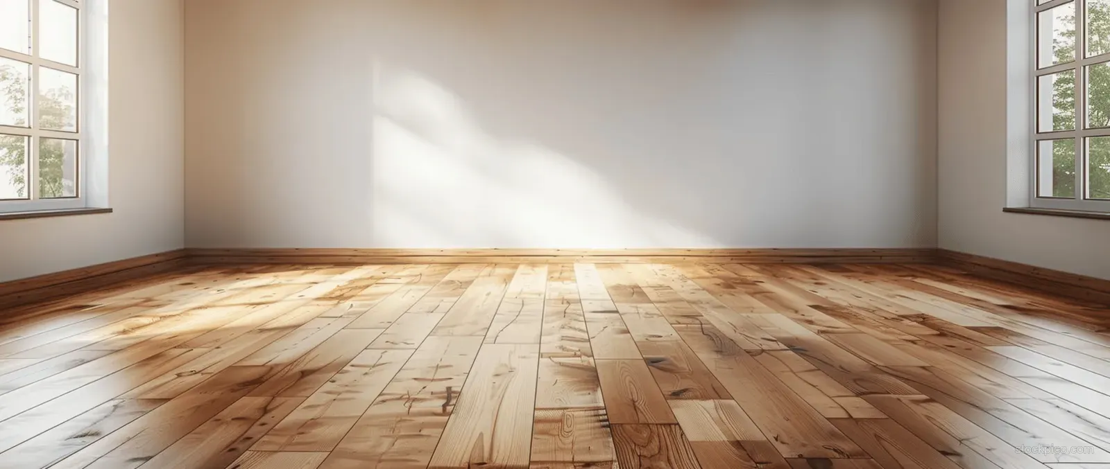 Empty room interior with light wooden parquet floor, white walls, and sunlight through side windows.