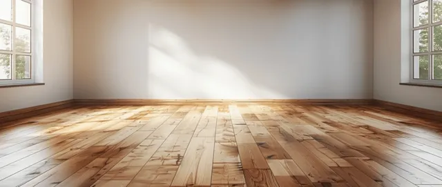 Empty modern room with light wooden parquet floor and white wall, sunlit corner with Real Estate Staging