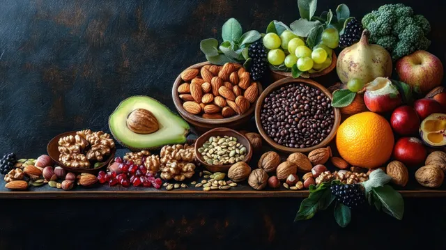 Avocado, nuts, seeds, and olive oil ingredients arranged on dark rustic table
