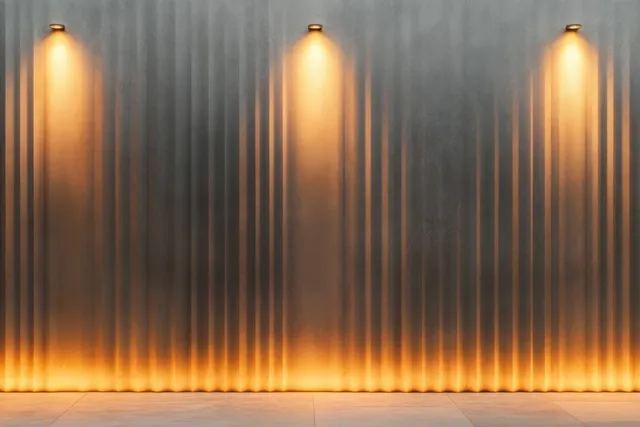 Warm orange spotlights highlight a modern interior wall with vertical ridged texture and soft shadows.