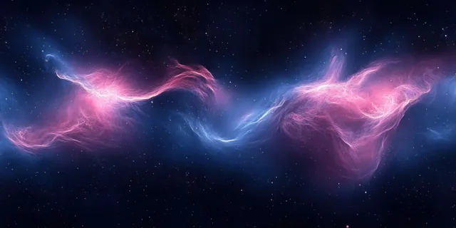 Cosmic nebula swirls with soft pink-blue light forming a panoramic abstract universe horizon